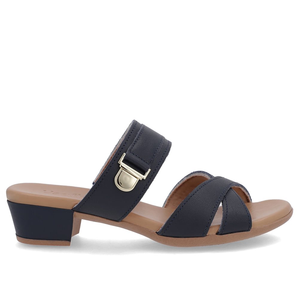 Tamanco Salto Bloco Couro Azul Enfeite