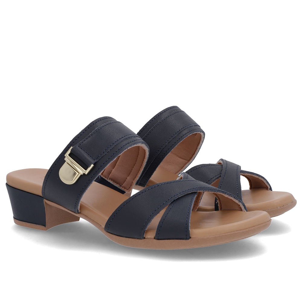 Tamanco Salto Bloco Couro Azul Enfeite Azul 2