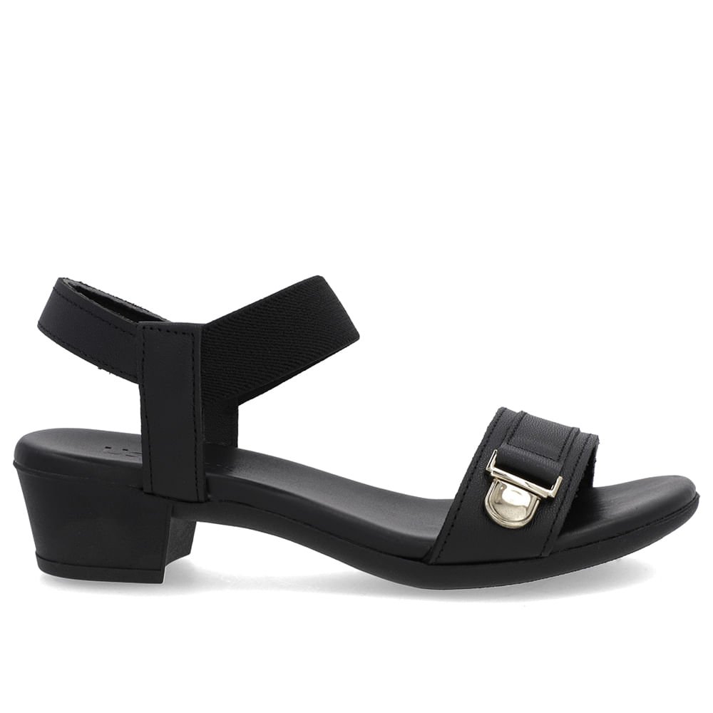 Sandália Couro Preta Enfeite Tira Elástico