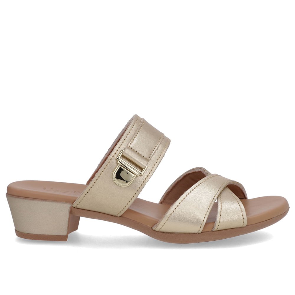 Tamanco Salto Bloco Couro Dourado Enfeite