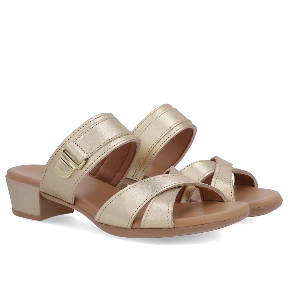 Tamanco Salto Bloco Couro Dourado Enfeite Dourado 2