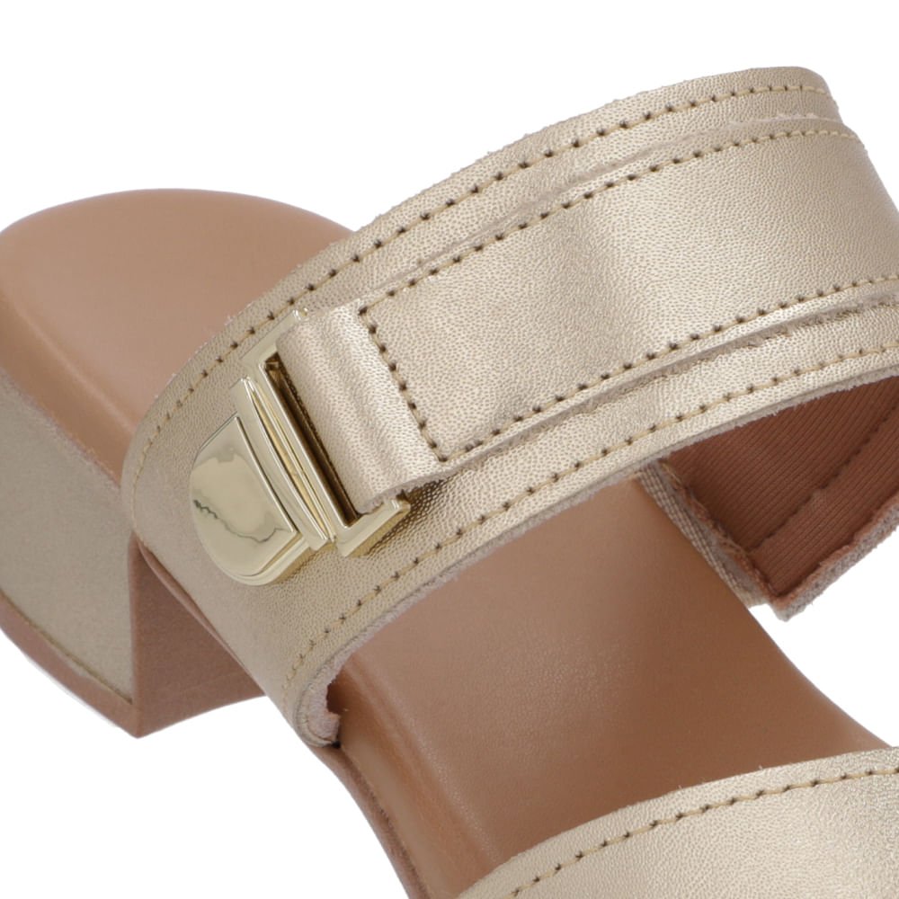 Tamanco Salto Bloco Couro Dourado Enfeite Dourado 4