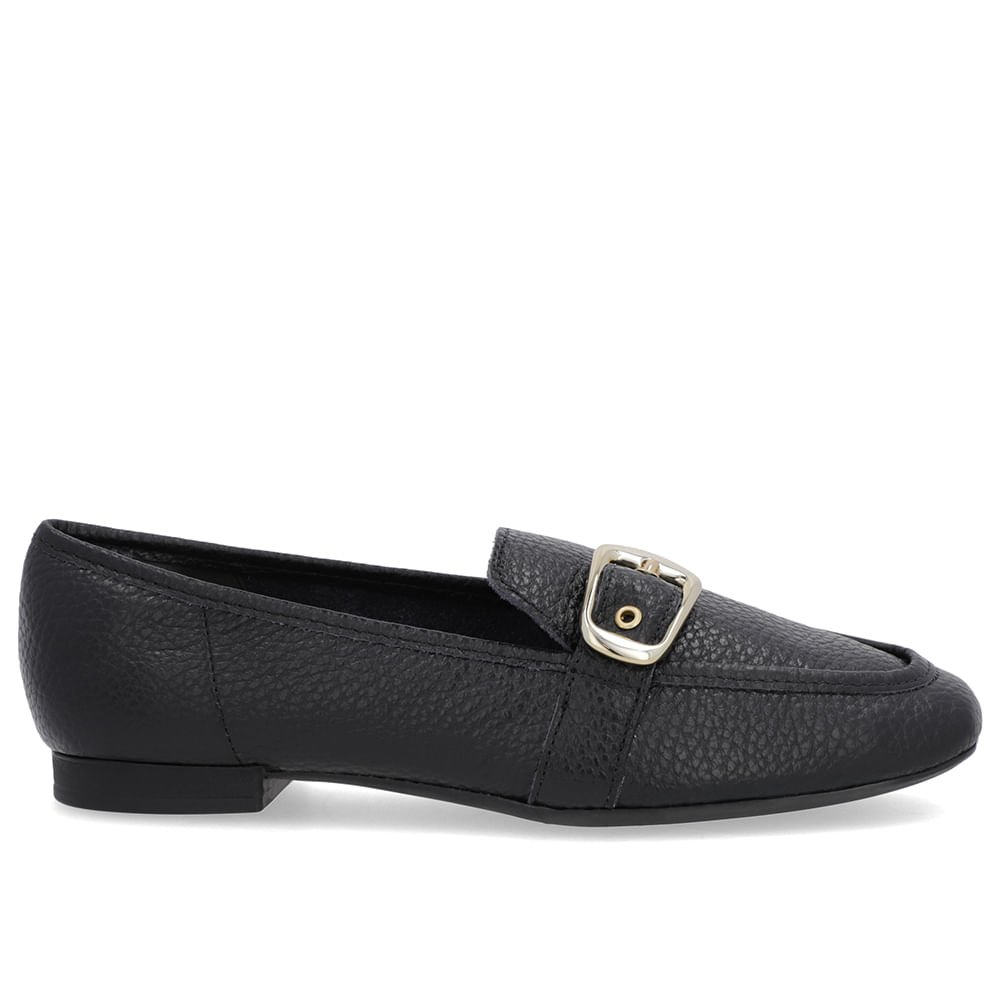 Loafer Couro Preto Tira Fivela