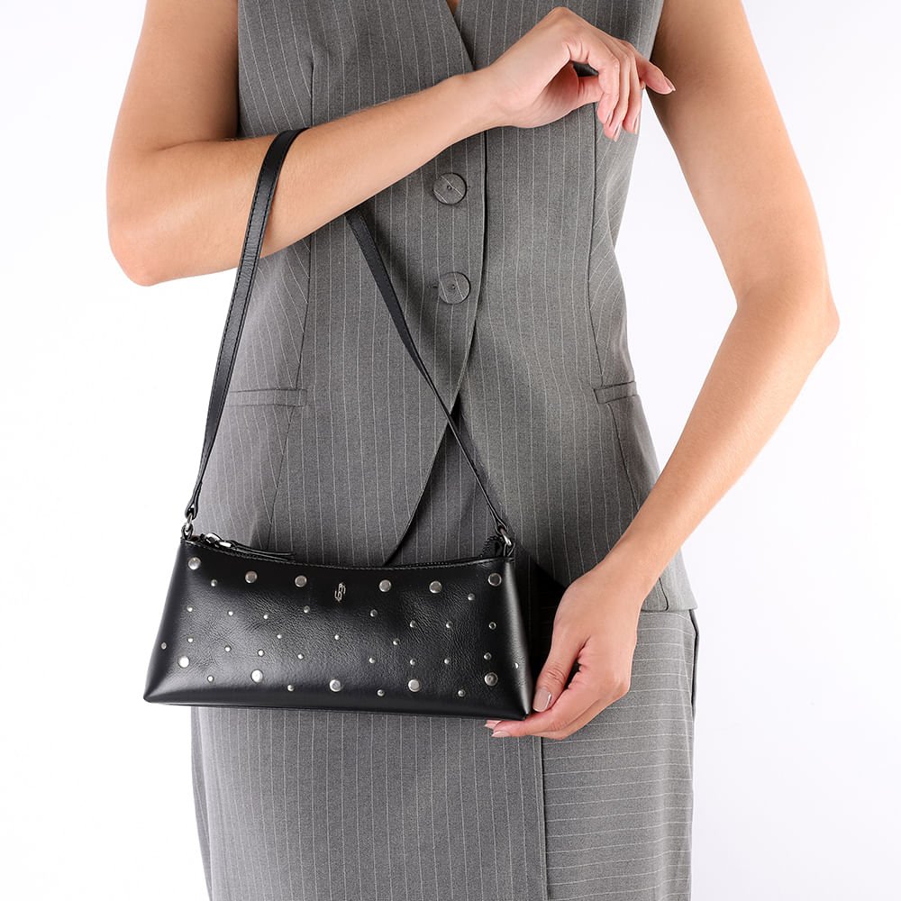 Bolsa Baguete Couro Tachas Preta Preto 5