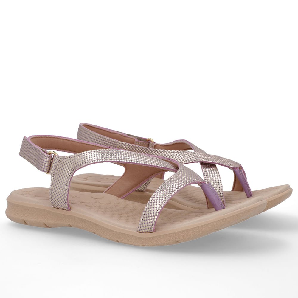 Sandália Couro Roxa Tiras Dourado 2