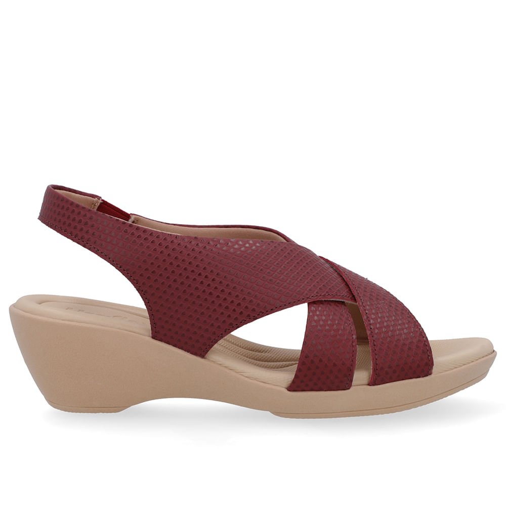 Sandália Couro Vermelha Tiras Salto Anabela