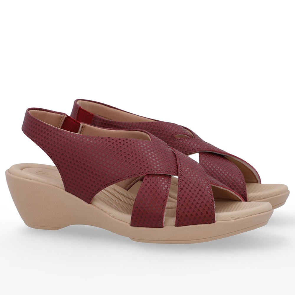 Sandália Couro Vermelha Tiras Salto Anabela Vermelho 2