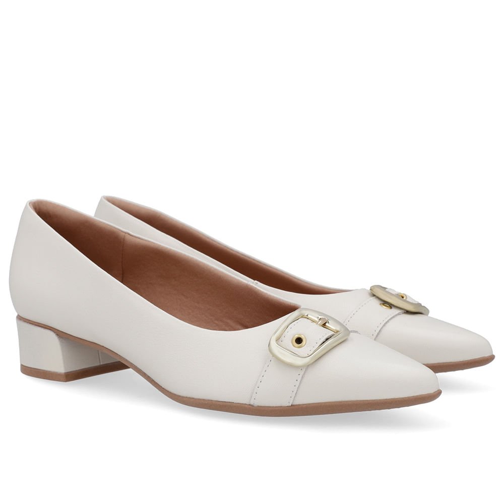 Scarpin Branco Marfim Couro Bico Fino Fivela Branco/Marfim 2