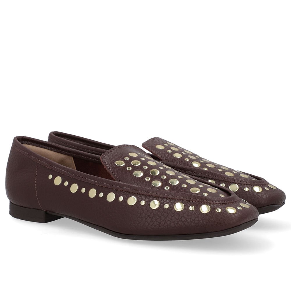 Loafer Marrom Pinhão Couro Tachas Marrom 2