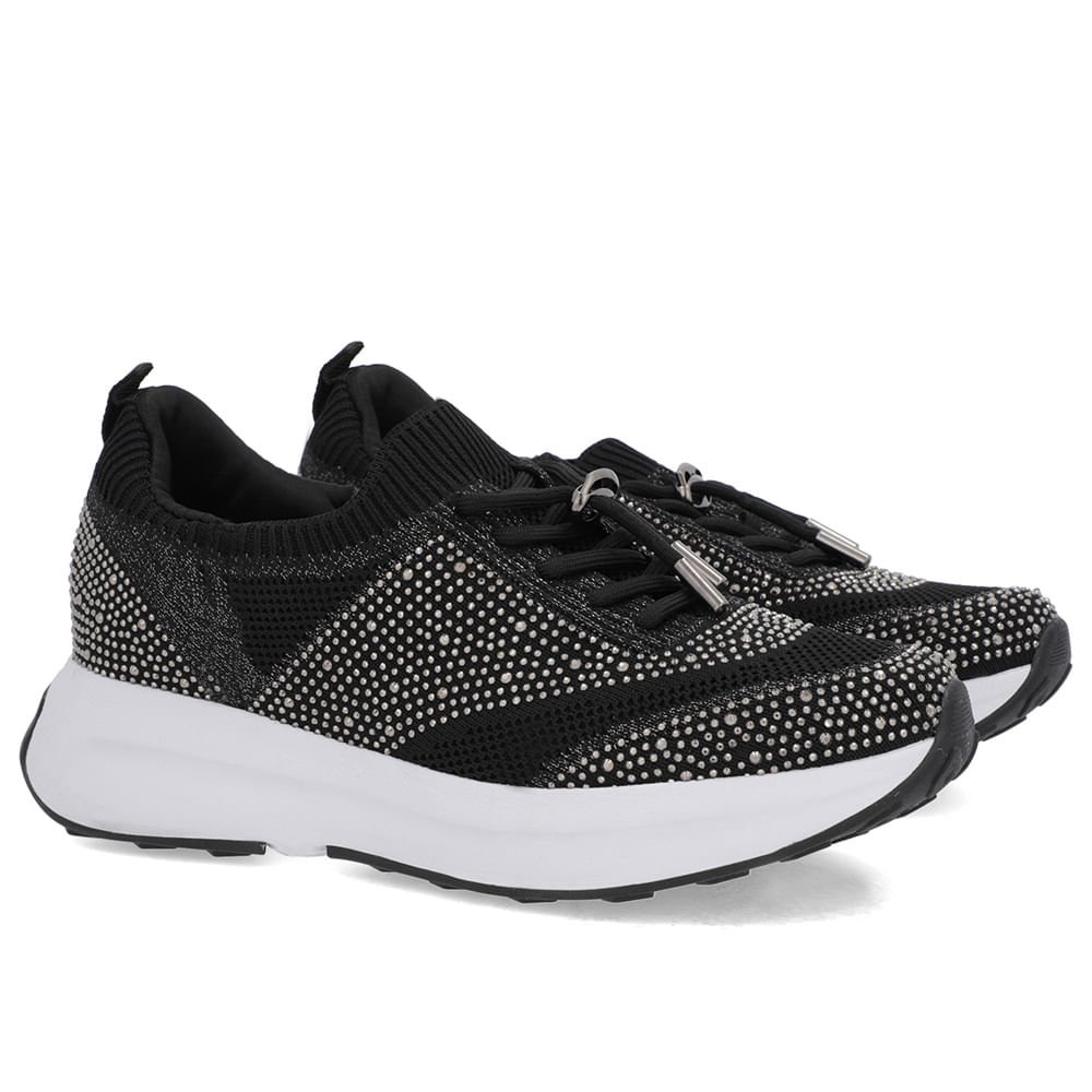 Tênis Cadarço Preto Tricot Strass Preto 2
