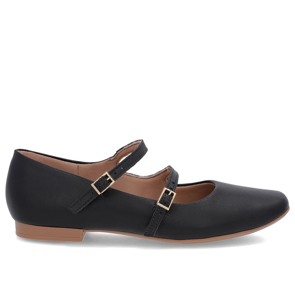 Sapatilha Preta Couro Tiras Fivelas