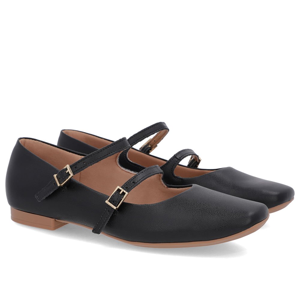 Sapatilha Preta Couro Tiras Fivelas Preto 2