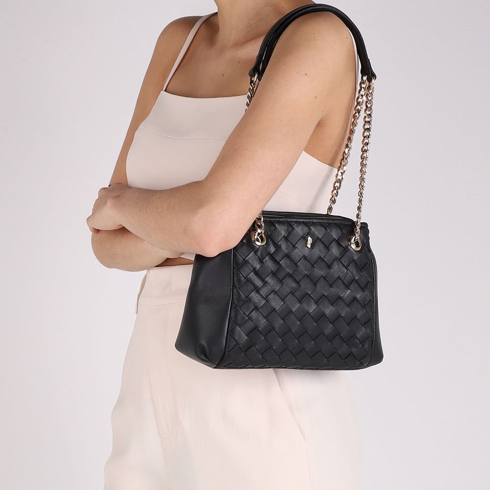 Bolsa Tote Couro Trançada Preta Preto 4