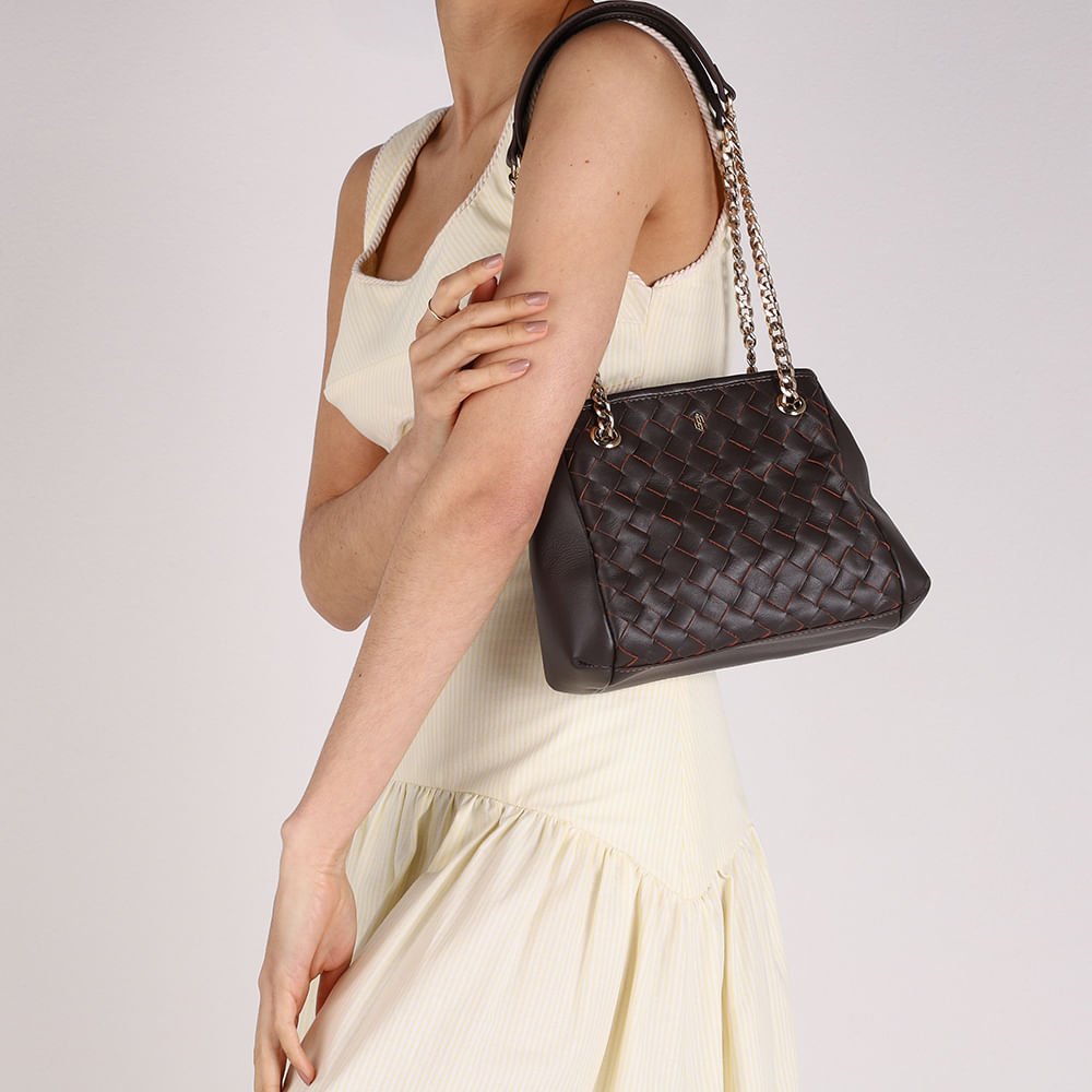 Bolsa Tote Couro Trançada Marrom Marrom 4