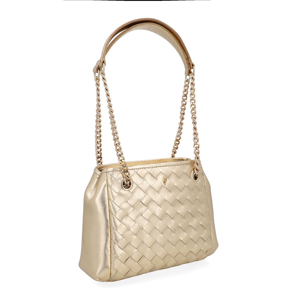 Bolsa Tote Couro Trançada Metalizada Dourada Dourado 2