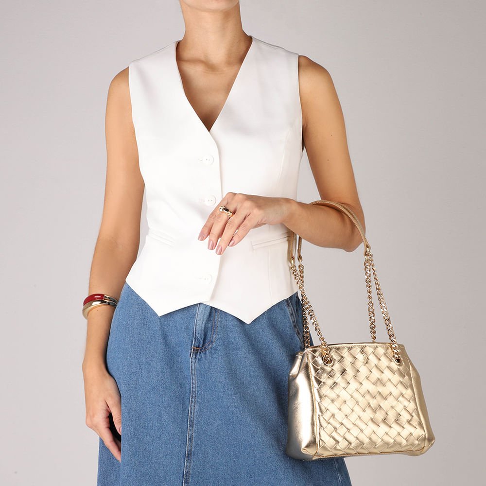 Bolsa Tote Couro Trançada Metalizada Dourada Dourado 5