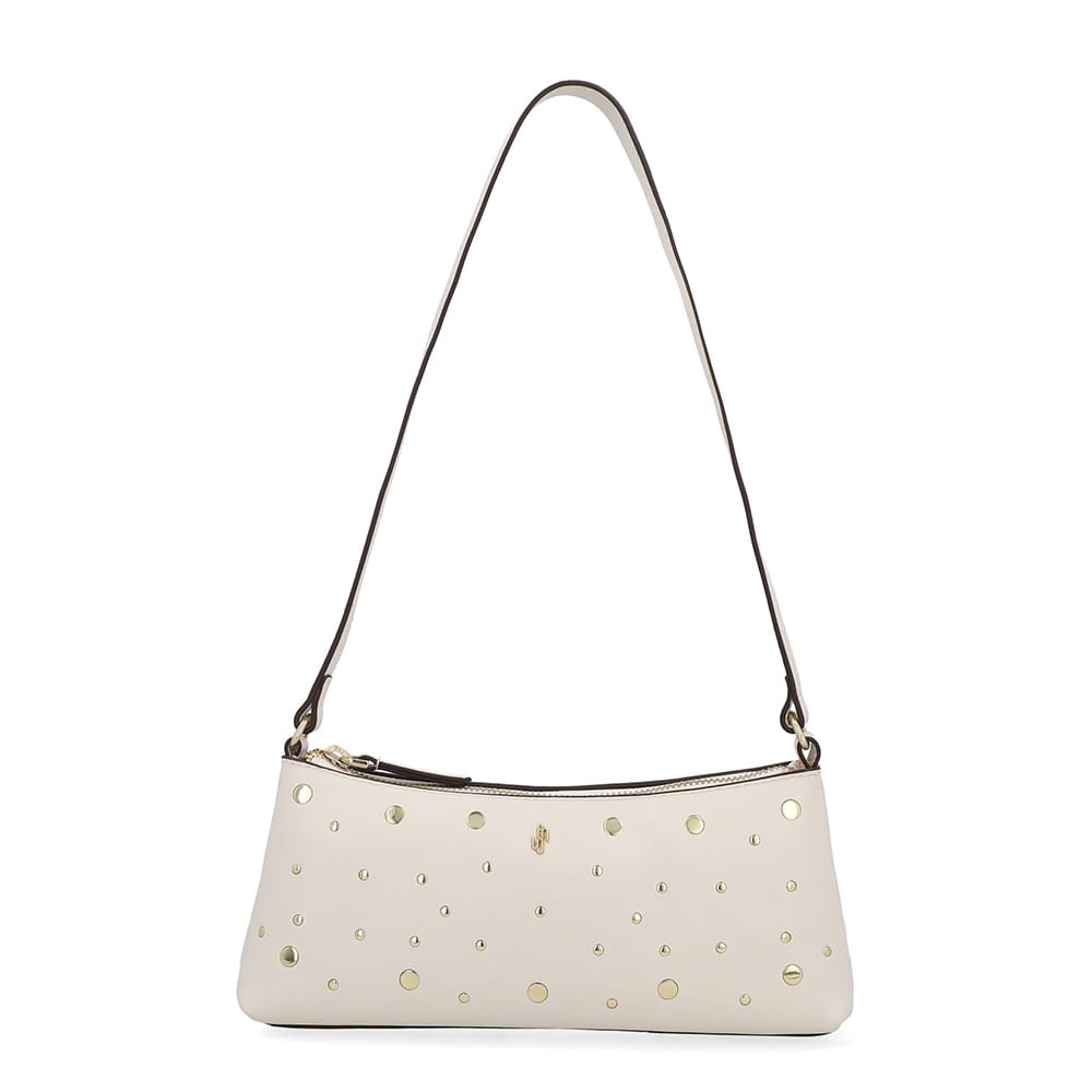 Bolsa Baguete Couro Tachas Branca Marfim