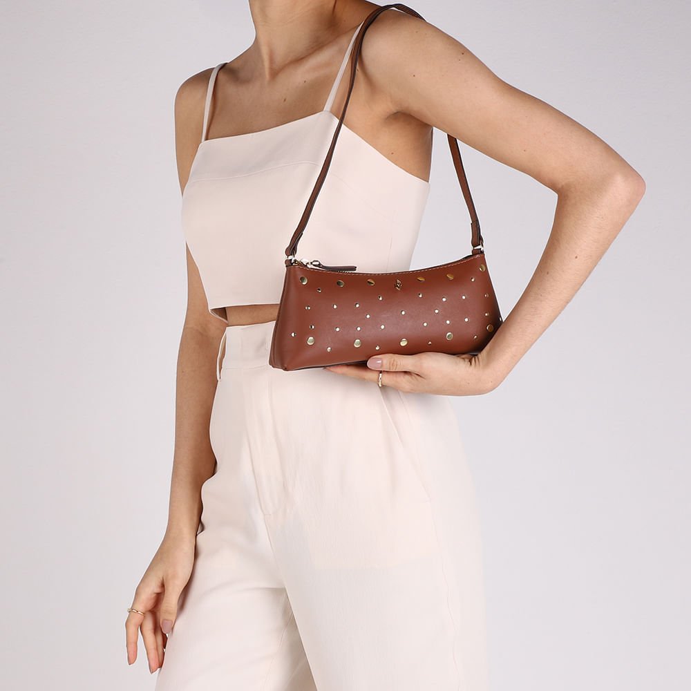 Bolsa Baguete Couro Tachas Marrom Marrom 4