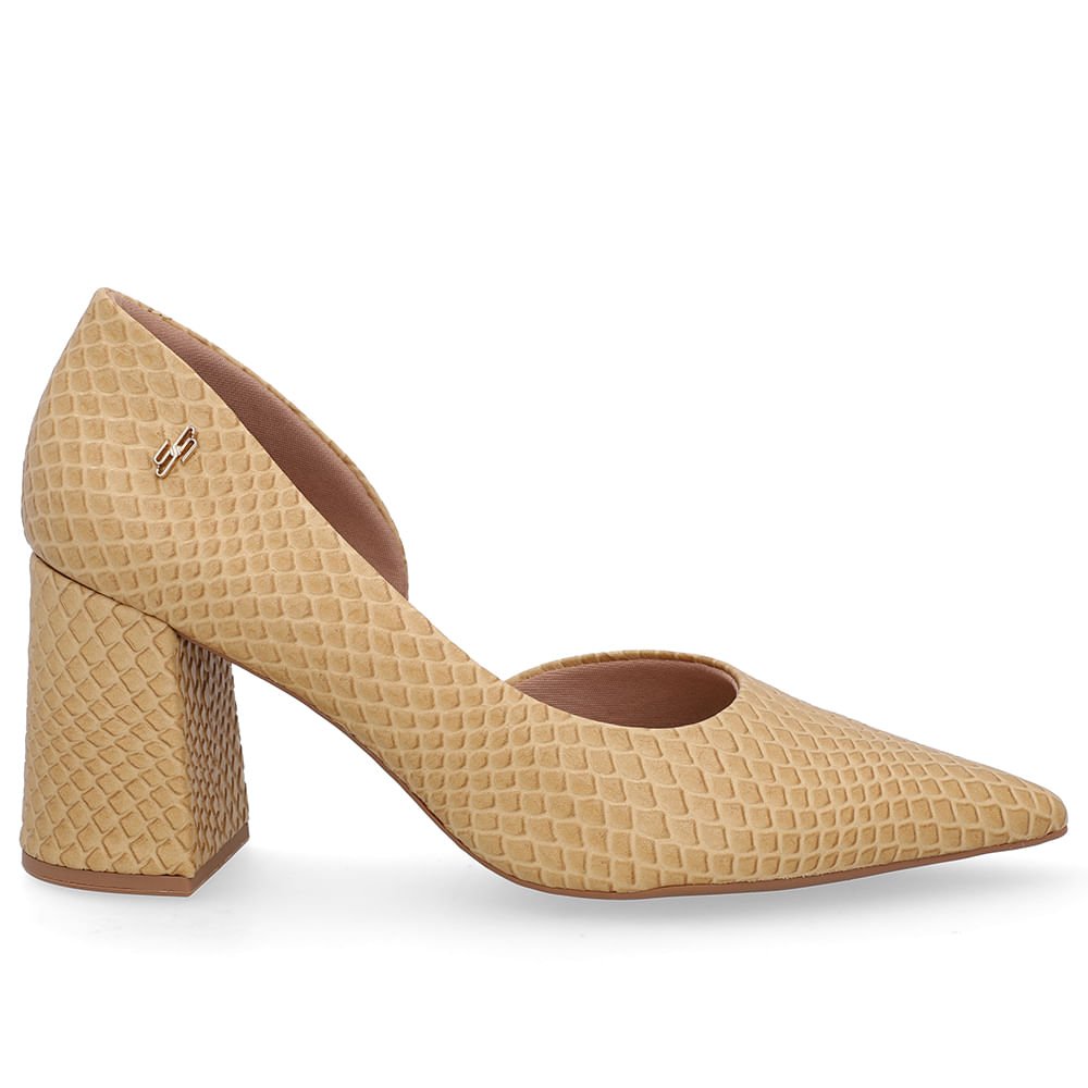 Scarpin Bege Salto Bloco Couro Recorte Interno