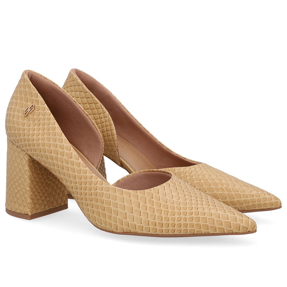 Scarpin Bege Salto Bloco Couro Recorte Interno Bege 2