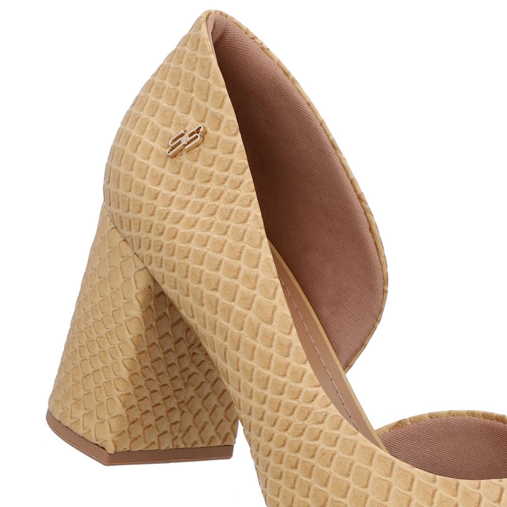 Scarpin Bege Salto Bloco Couro Recorte Interno Bege 4