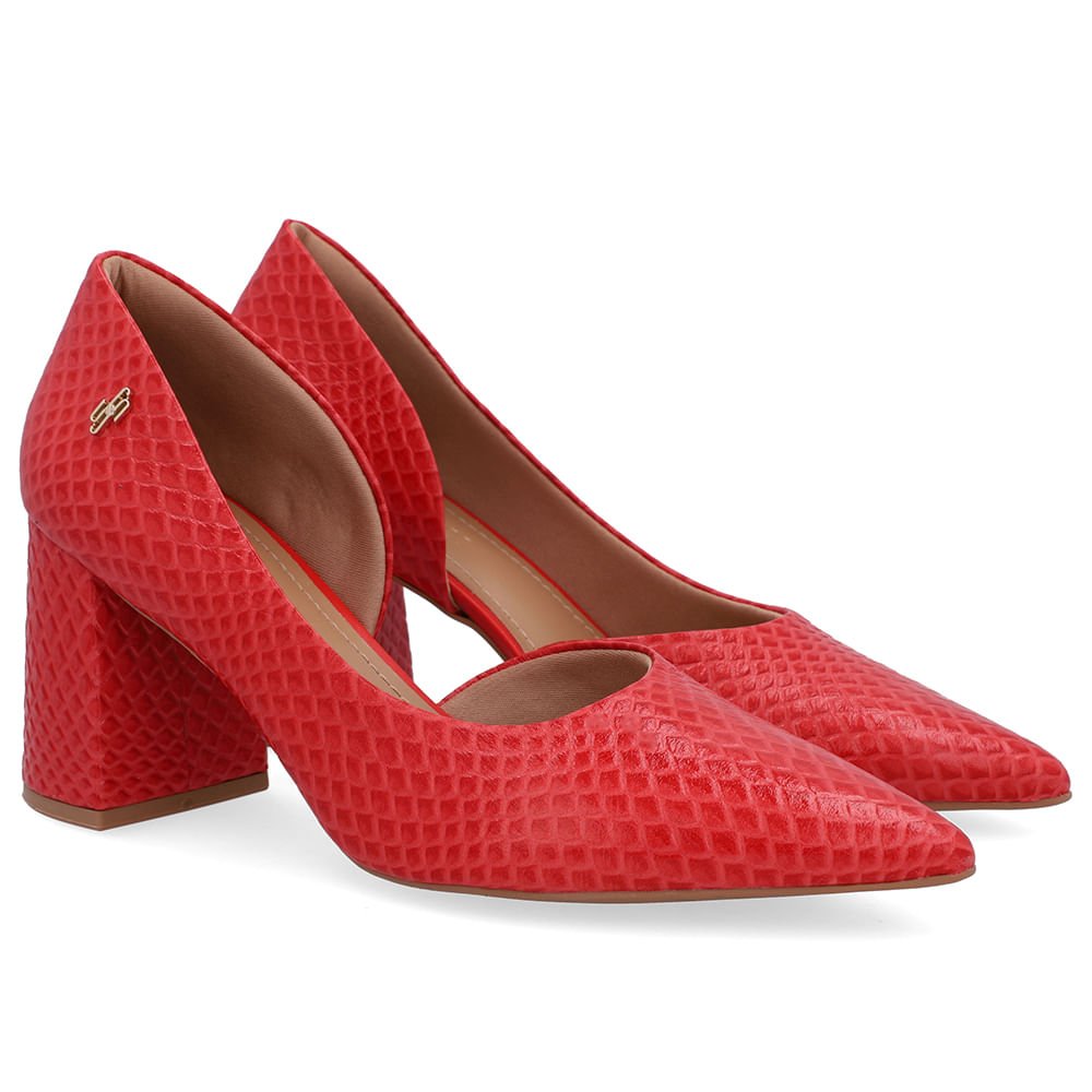 Scarpin Vermelho Salto Bloco Couro Recorte Interno Vermelho 2