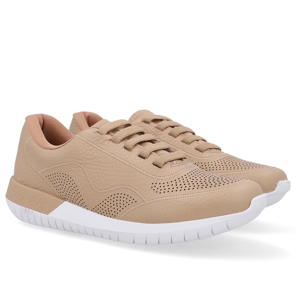 Tênis Casual Bege Couro Cadarço Elástico Bege 2