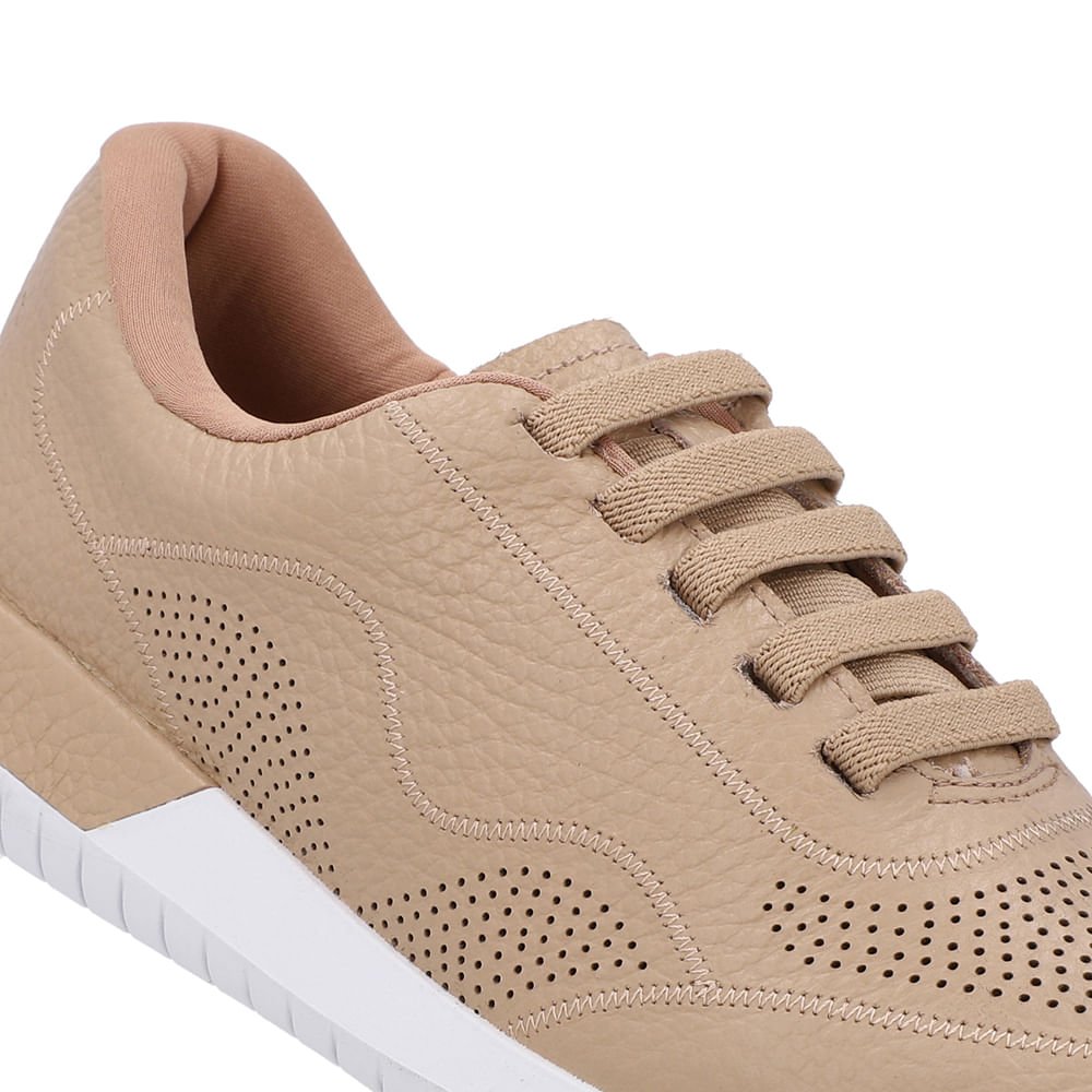 Tênis Casual Bege Couro Cadarço Elástico Bege 4