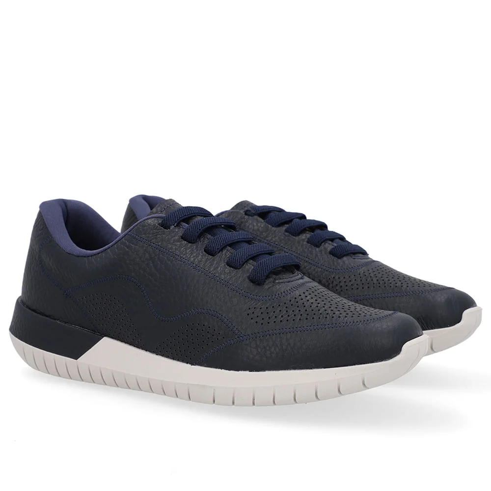 Tênis Casual Azul Couro Cadarço Elástico Preto 2