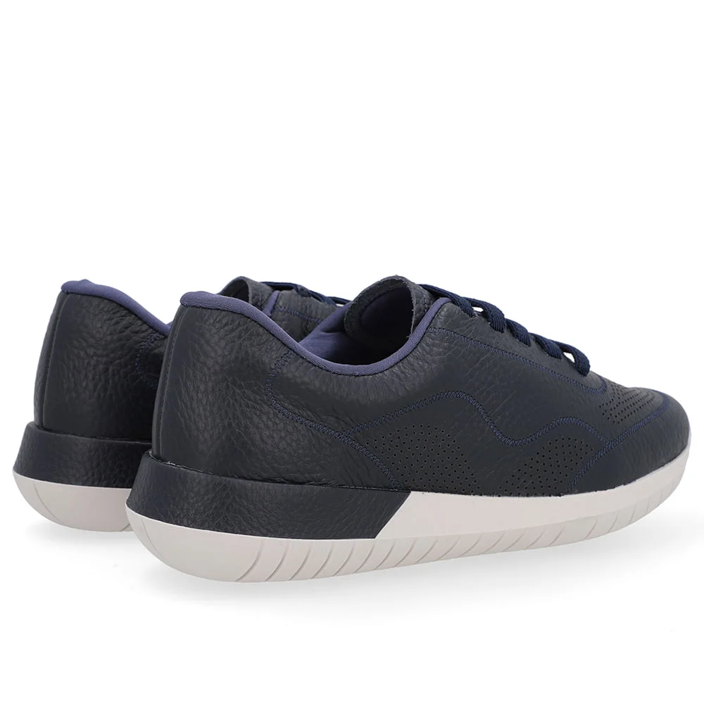 Tênis Casual Azul Couro Cadarço Elástico Preto 3