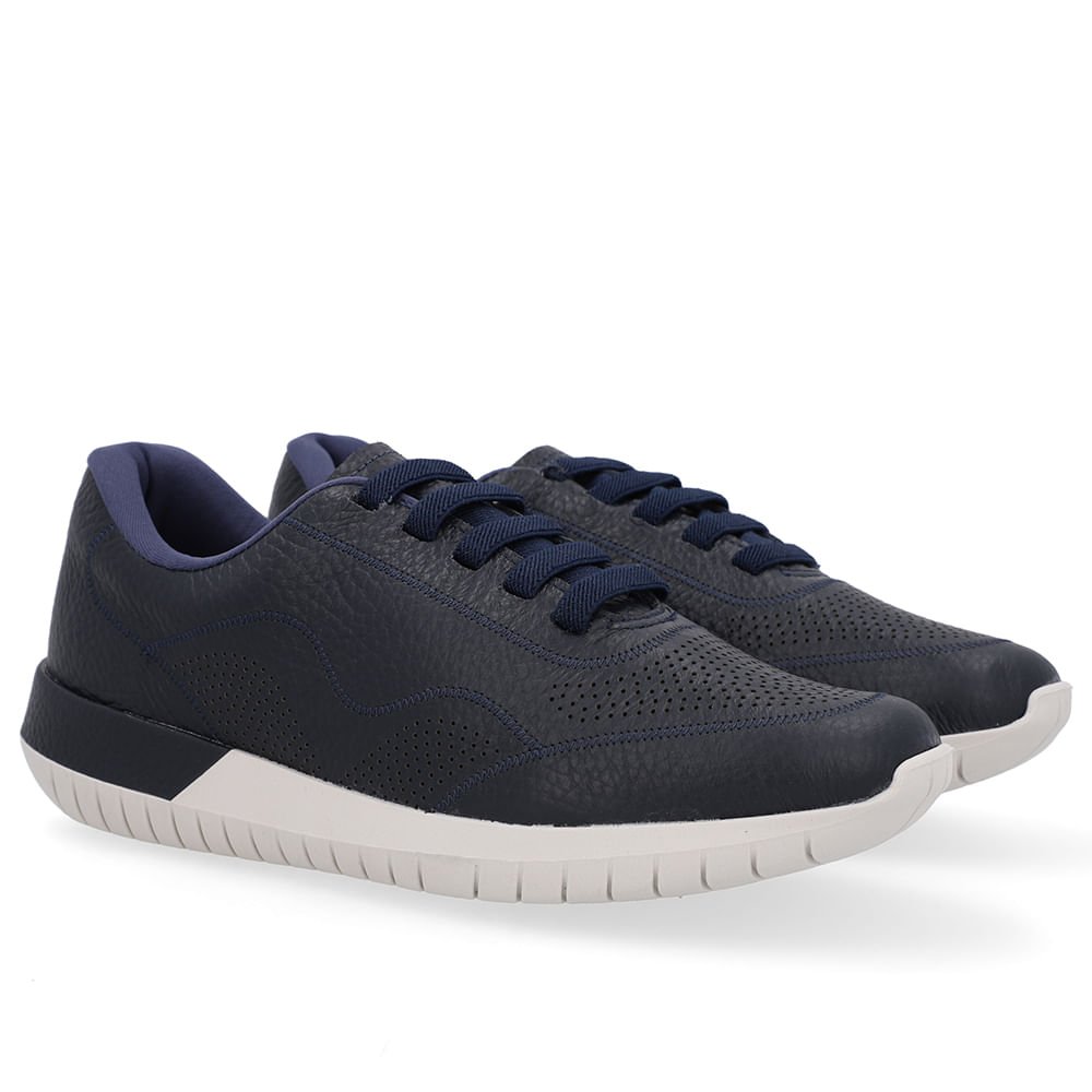 Tênis Casual Azul Couro Cadarço Elástico Preto 2