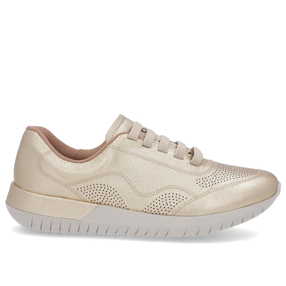 Tênis Casual Metalizado Ouro Couro Cadarço Elástico