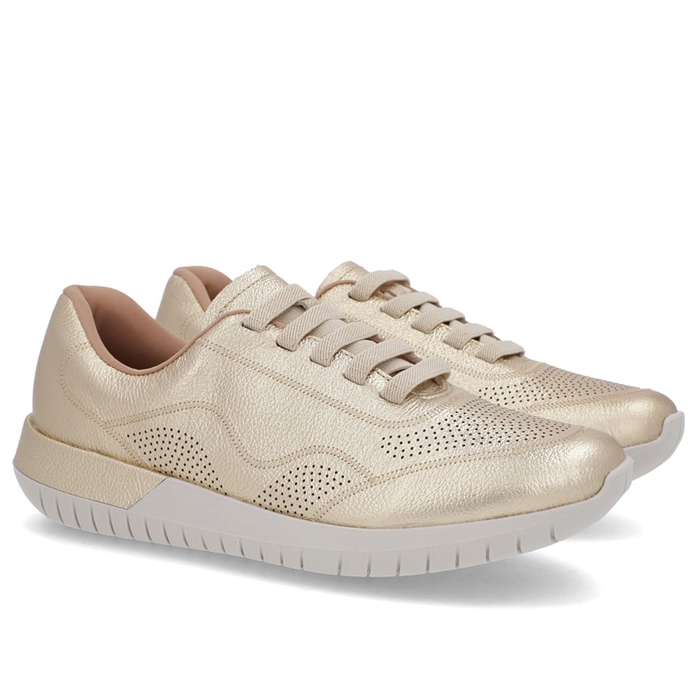 Tênis Casual Metalizado Ouro Couro Cadarço Elástico Dourado 2