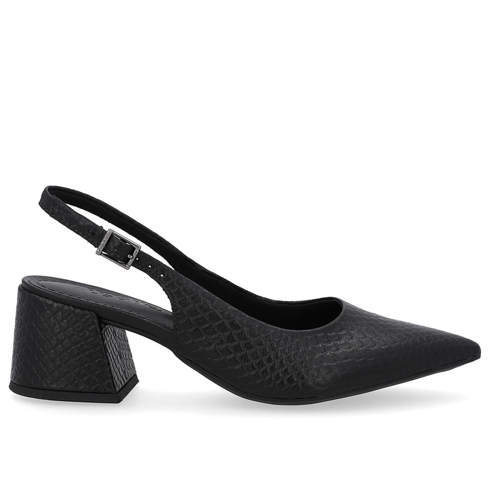 Slingback Preto Textura Bico Fino Couro Detalhe Fivela