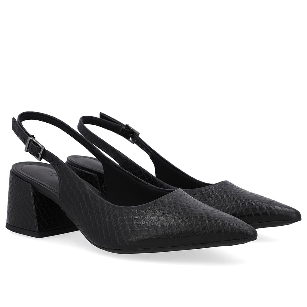 Slingback Preto Textura Bico Fino Couro Detalhe Fivela Preto 2