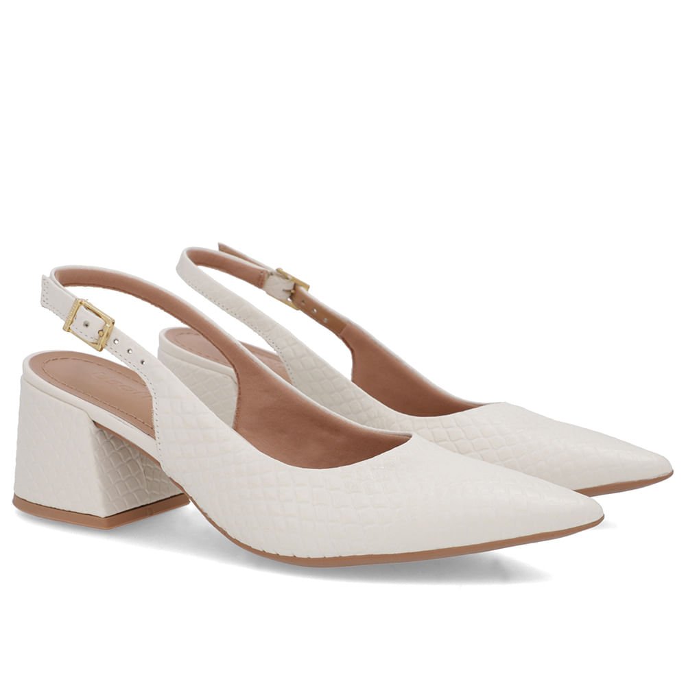 Slingback Branco Marfim Bico Fino Couro Detalhe Fivela Branco 2