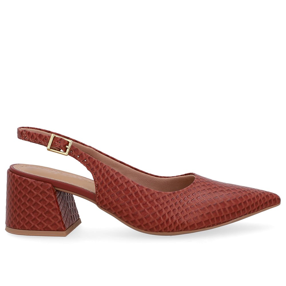 Slingback Marrom Bico Fino Couro Detalhe Fivela