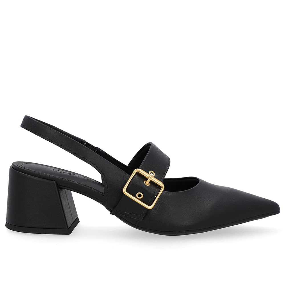 Slingback Preto Salto Bloco Couro Detalhe Fivela