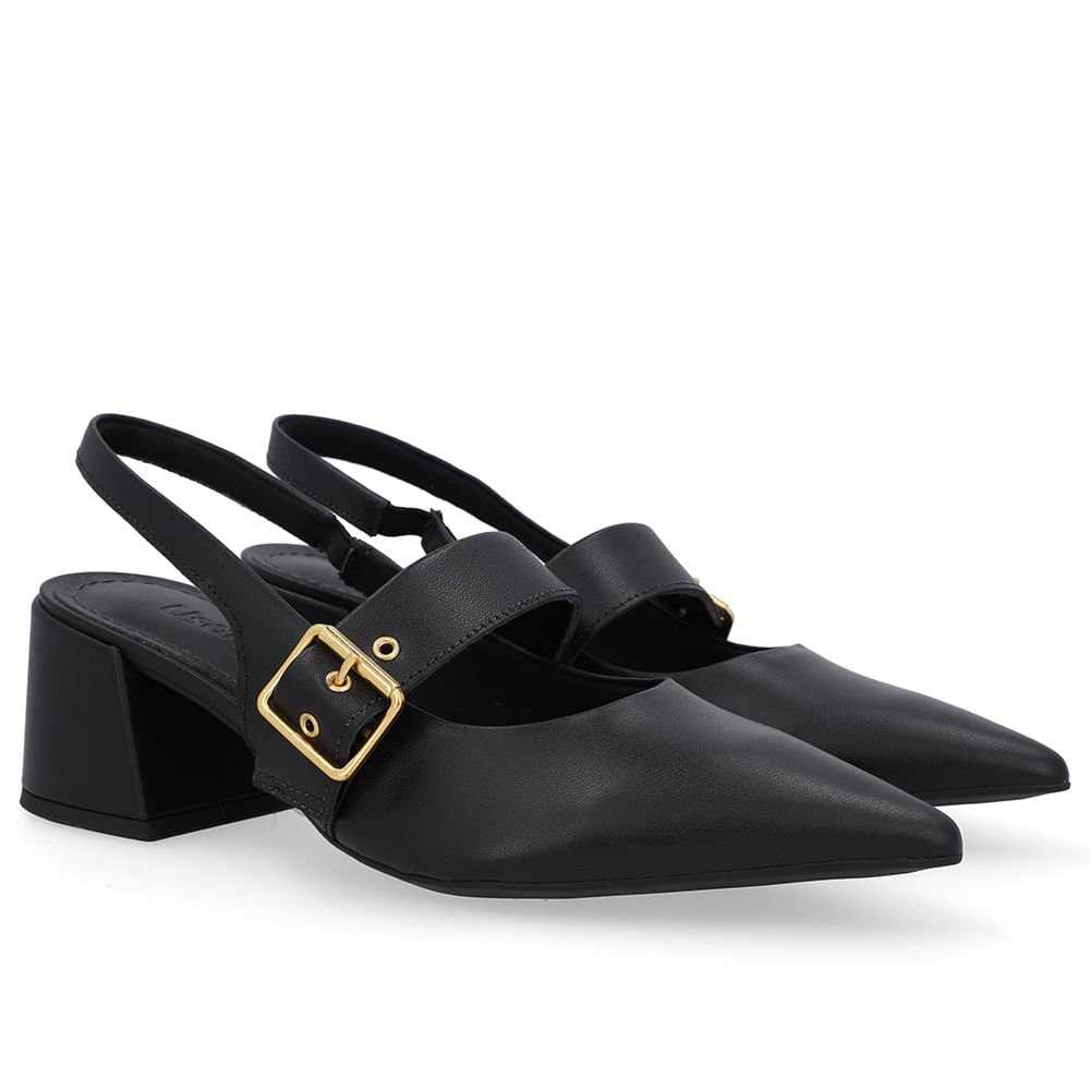 Slingback Preto Salto Bloco Couro Detalhe Fivela Preto 2