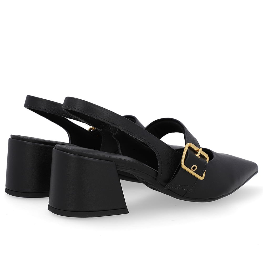 Slingback Preto Salto Bloco Couro Detalhe Fivela Preto 3