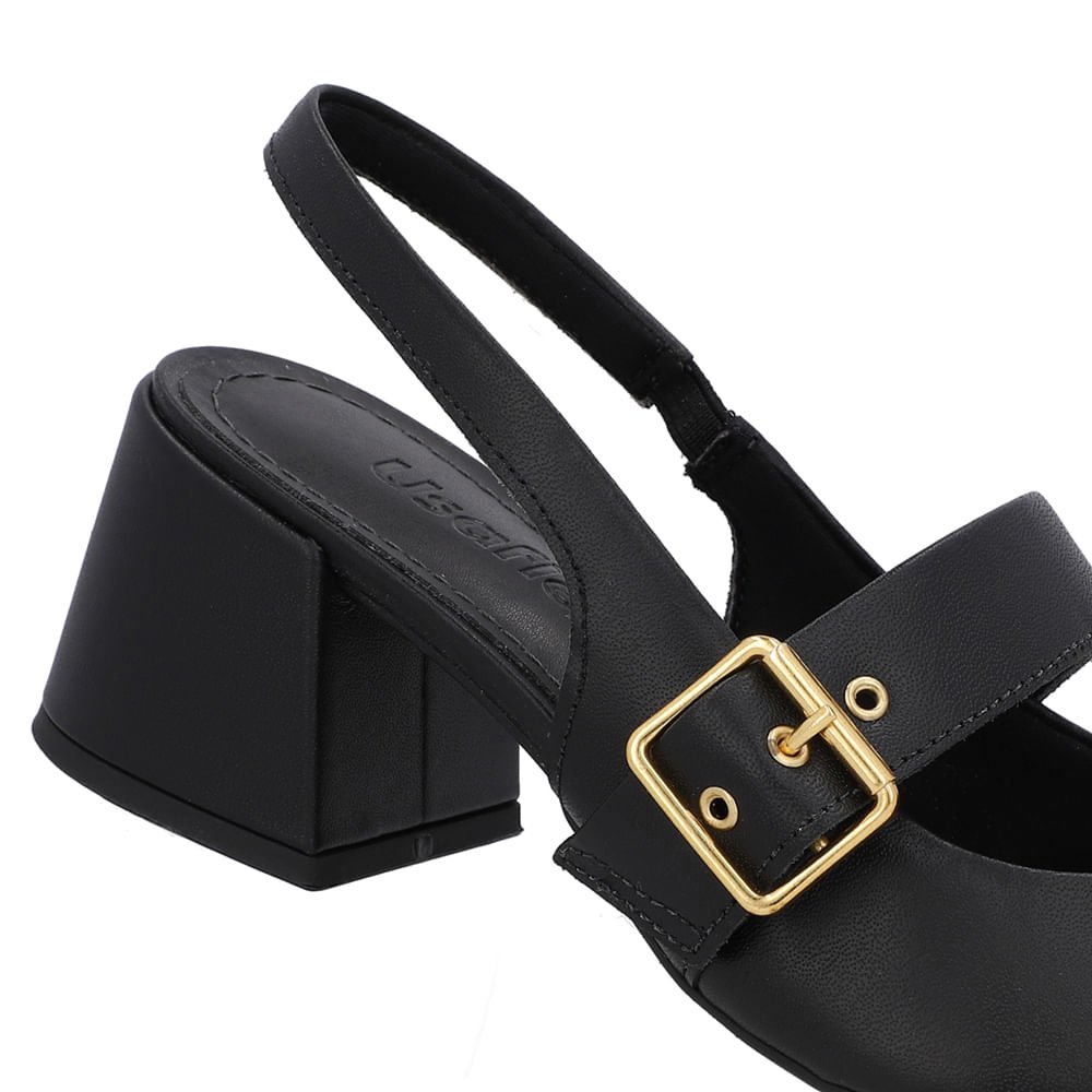 Slingback Preto Salto Bloco Couro Detalhe Fivela Preto 4
