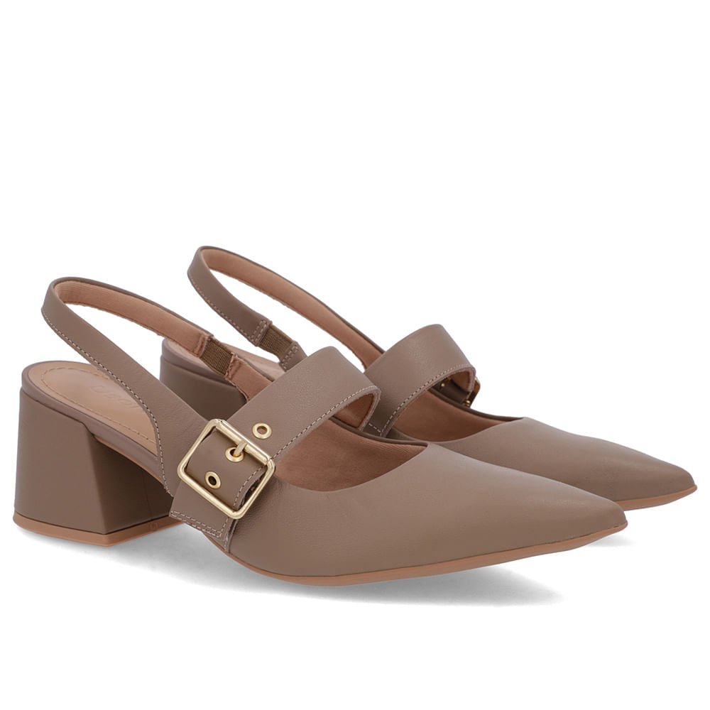 Slingback Marrom Salto Bloco Couro Detalhe Fivela Bege 2