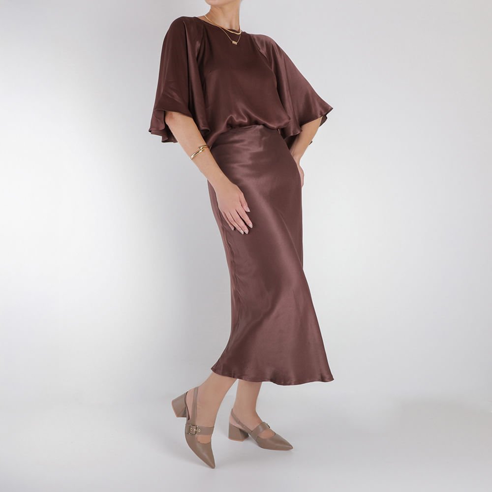 Slingback Marrom Salto Bloco Couro Detalhe Fivela Bege 4