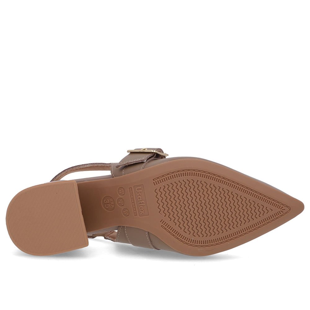 Slingback Marrom Salto Bloco Couro Detalhe Fivela Bege 5
