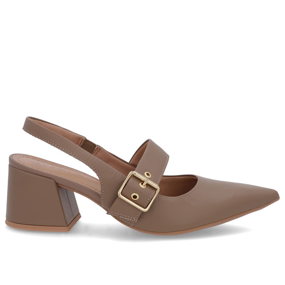 Slingback Marrom Salto Bloco Couro Detalhe Fivela