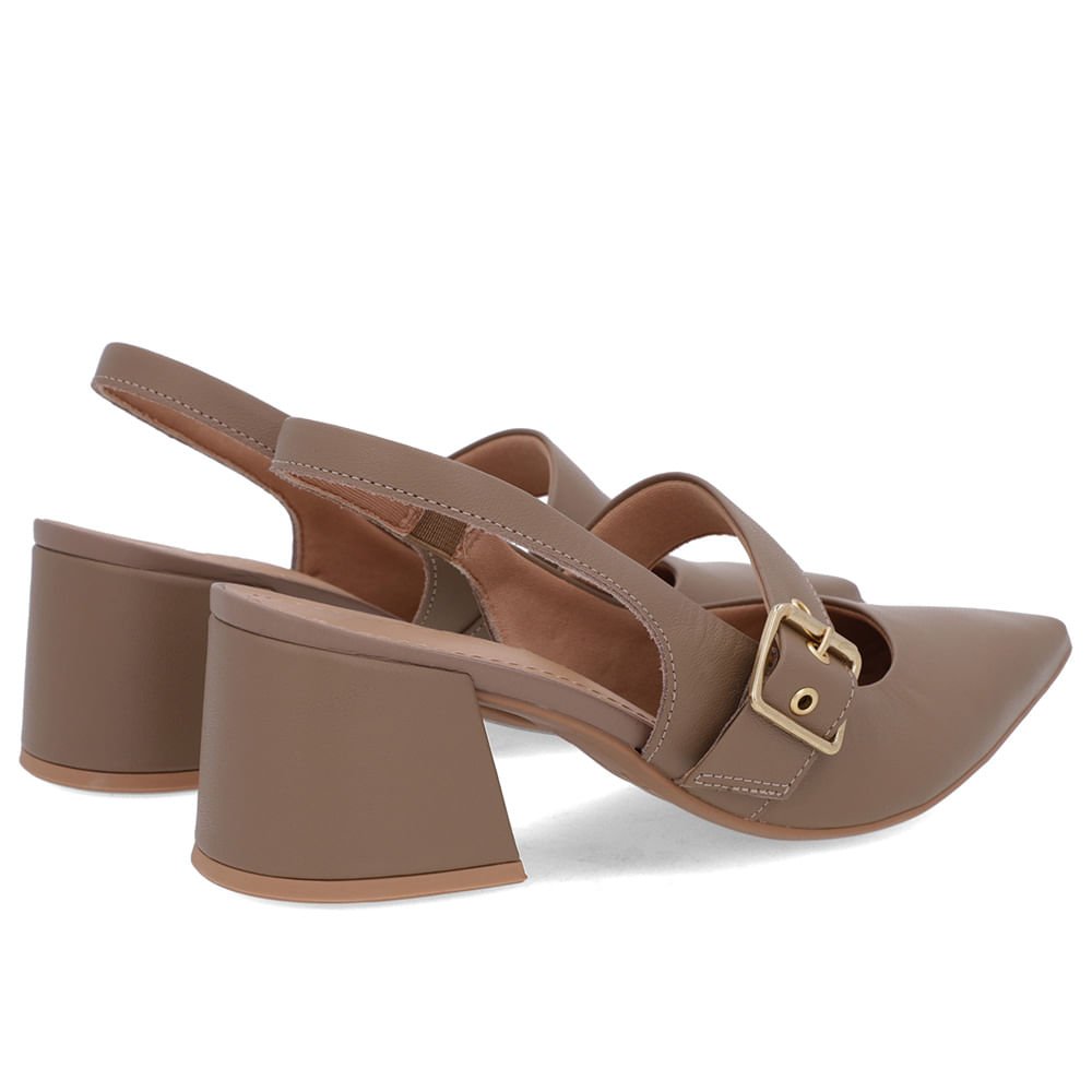 Slingback Marrom Salto Bloco Couro Detalhe Fivela Bege 3
