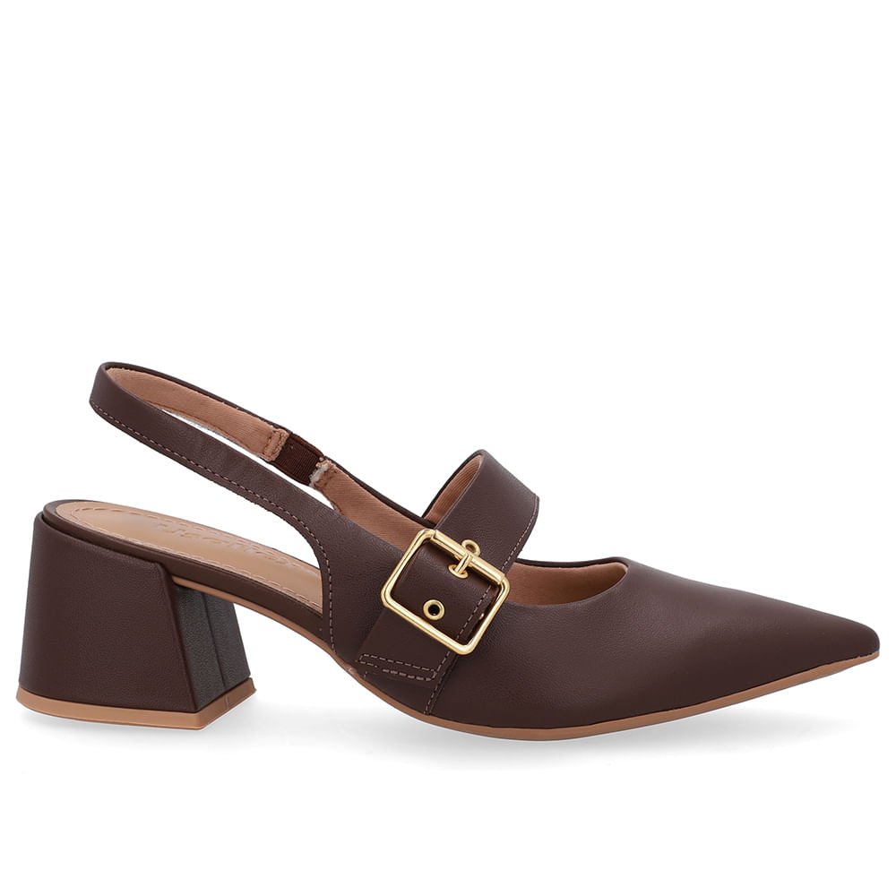 Slingback Marrom Salto Bloco Couro Detalhe Fivela
