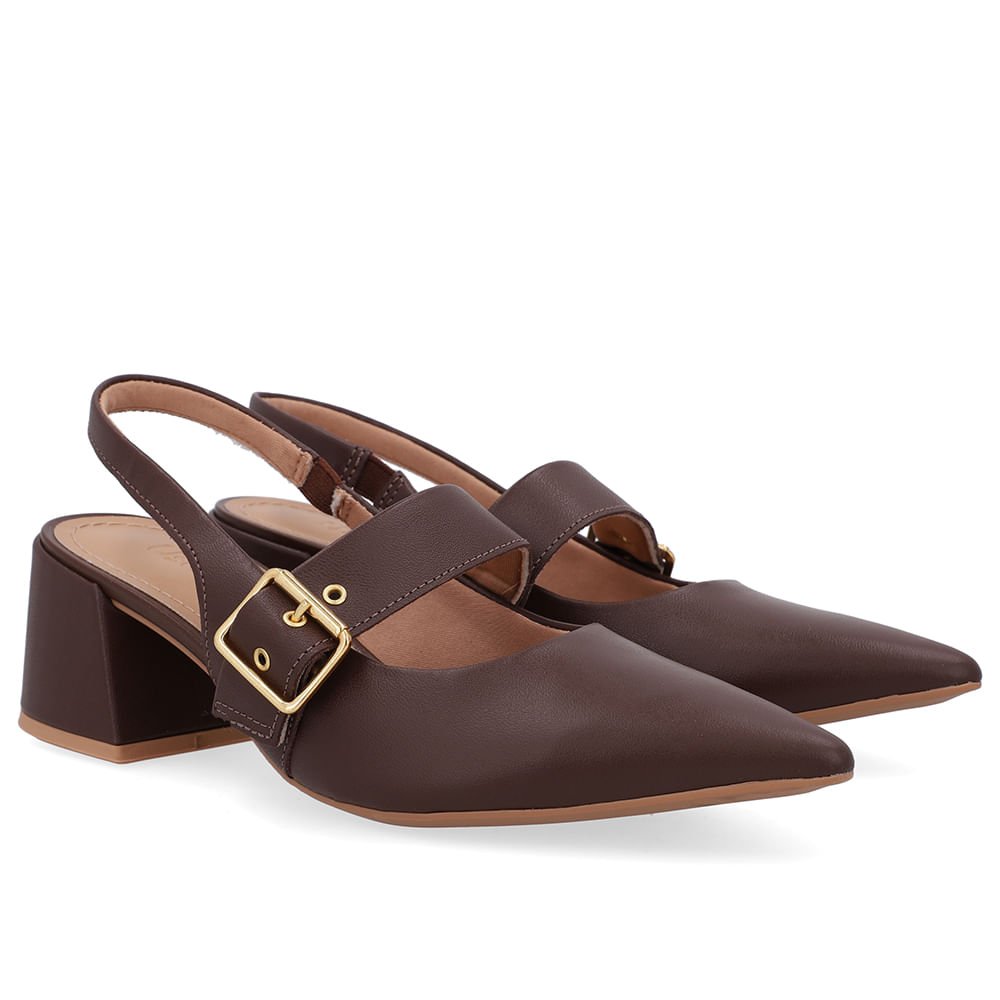 Slingback Marrom Salto Bloco Couro Detalhe Fivela Marrom 2