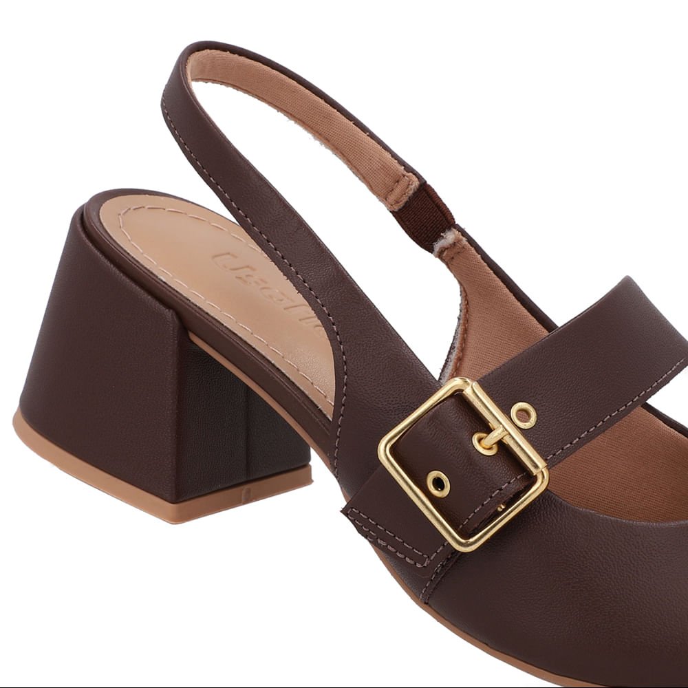 Slingback Marrom Salto Bloco Couro Detalhe Fivela Marrom 4
