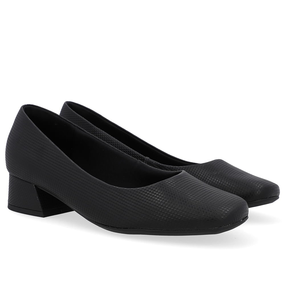 Scarpin Preto Textura Salto Bloco Couro Básico Preto 2